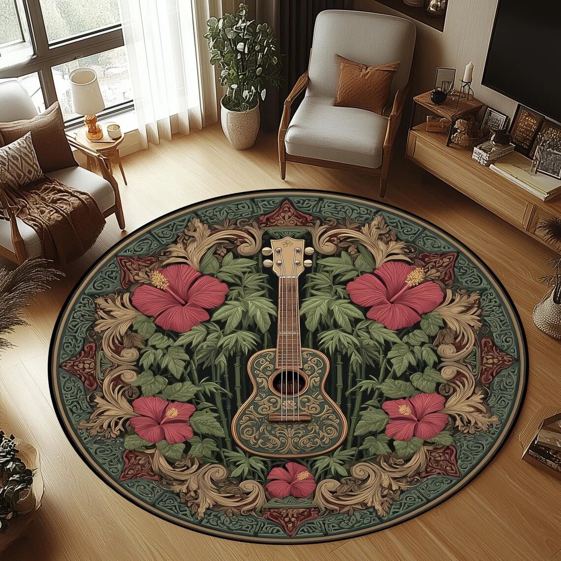 GuitarWave knus rond flanellen vloerkleed — antislip, machinewasbaar