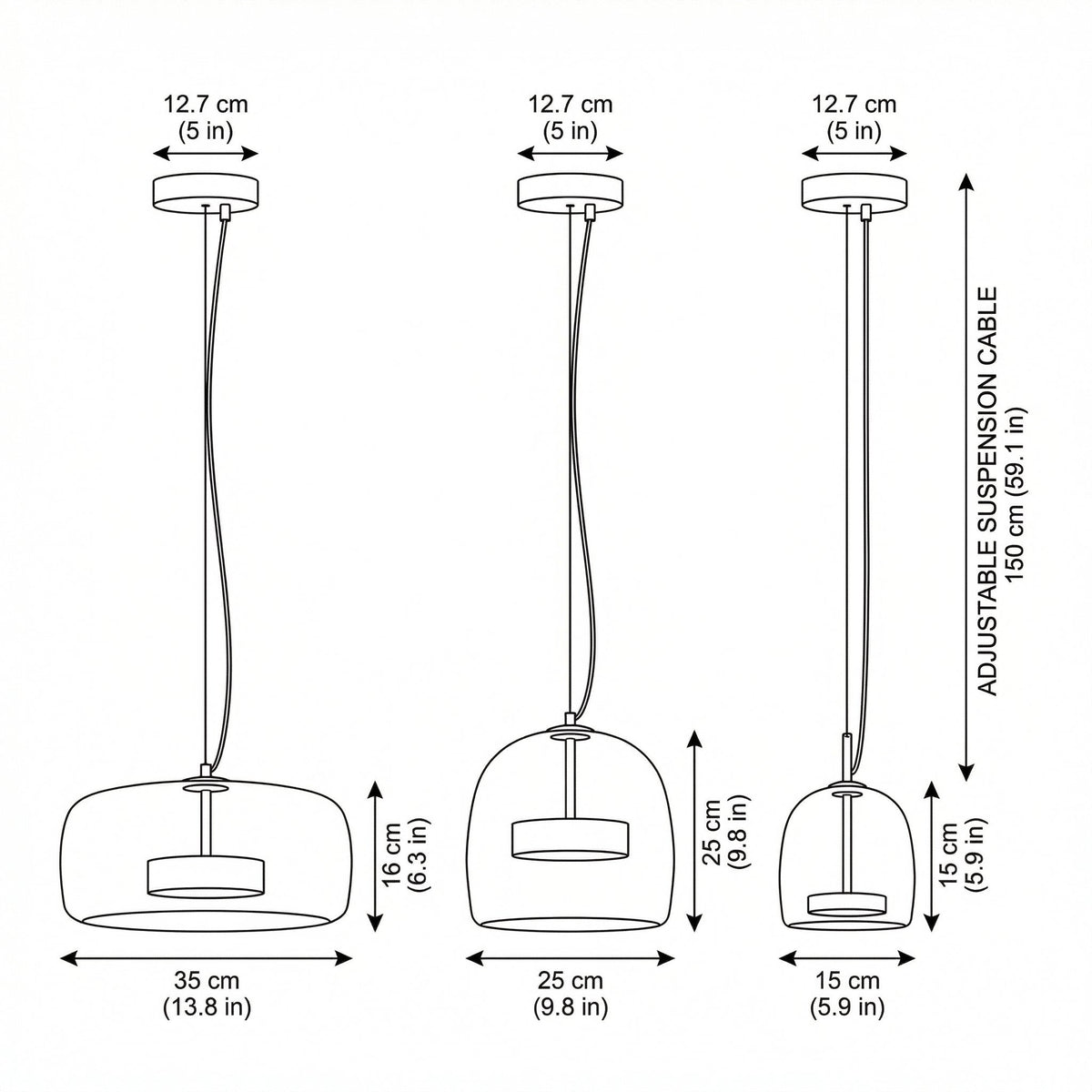Skandinavisk glastaklampa – bärnstensfärgad/genomskinlig/grå, Ø15/25/35 cm
