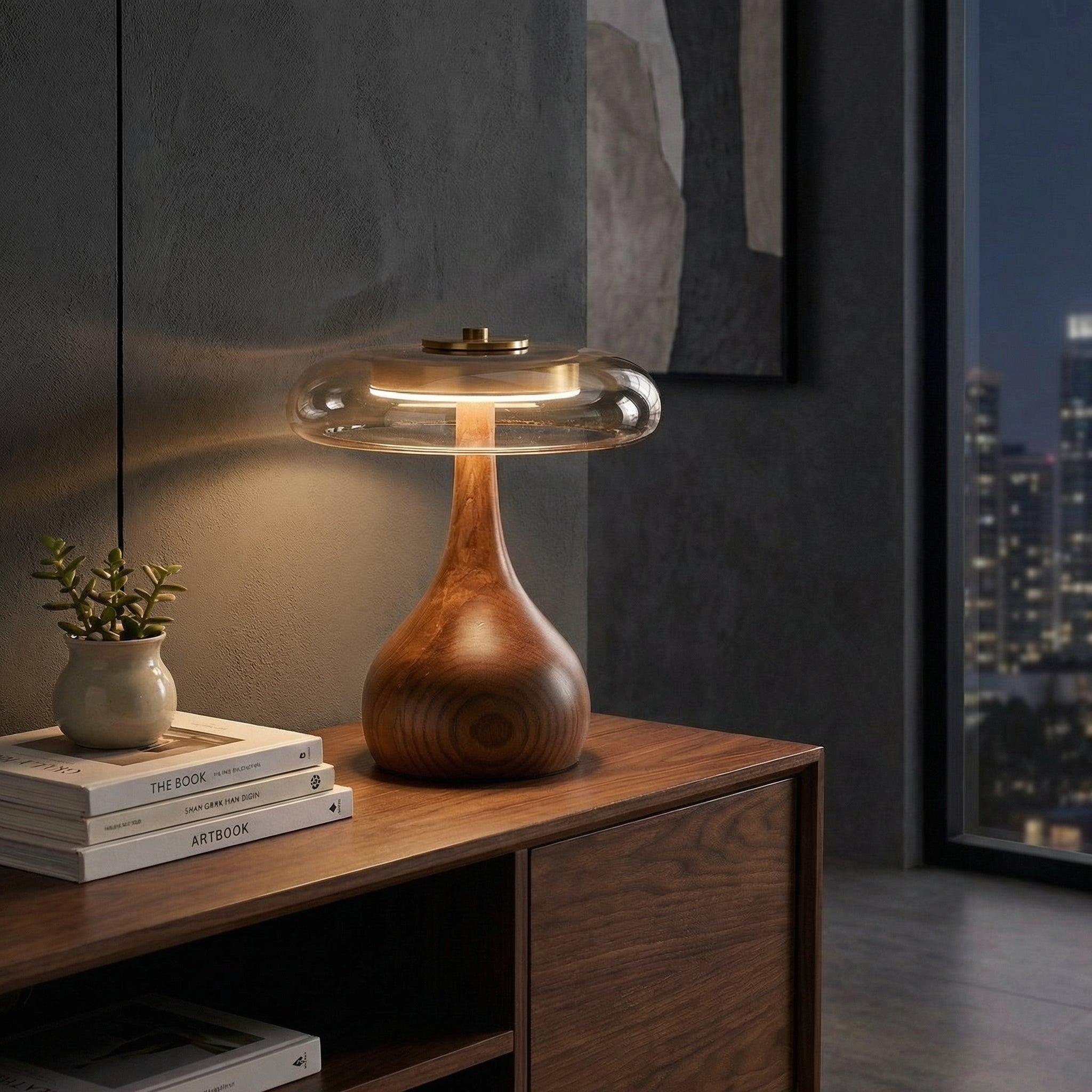 Wooden Table Light with Amber Glass Shade - Wildoxy