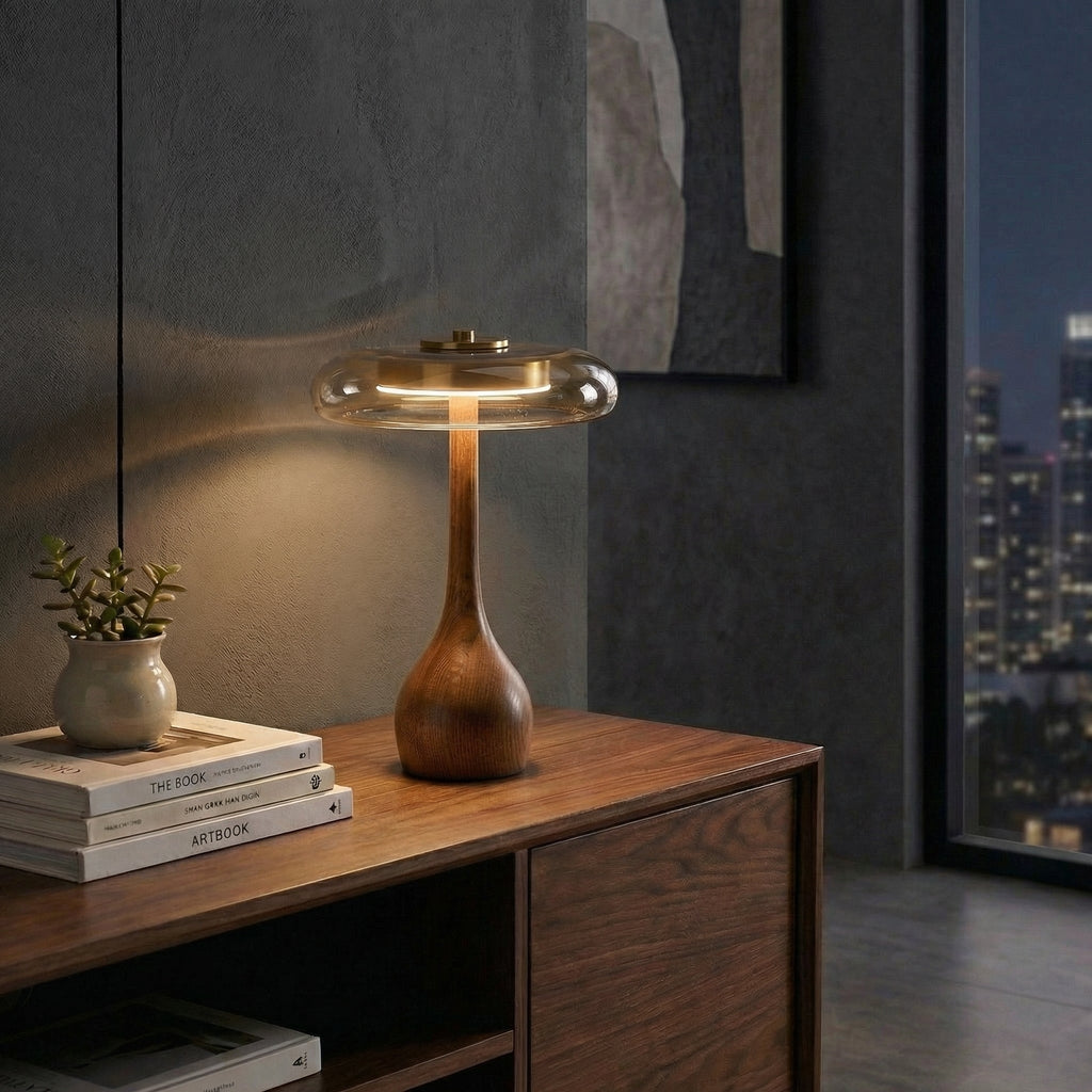 Wooden Table Light with Amber Glass Shade - Wildoxy