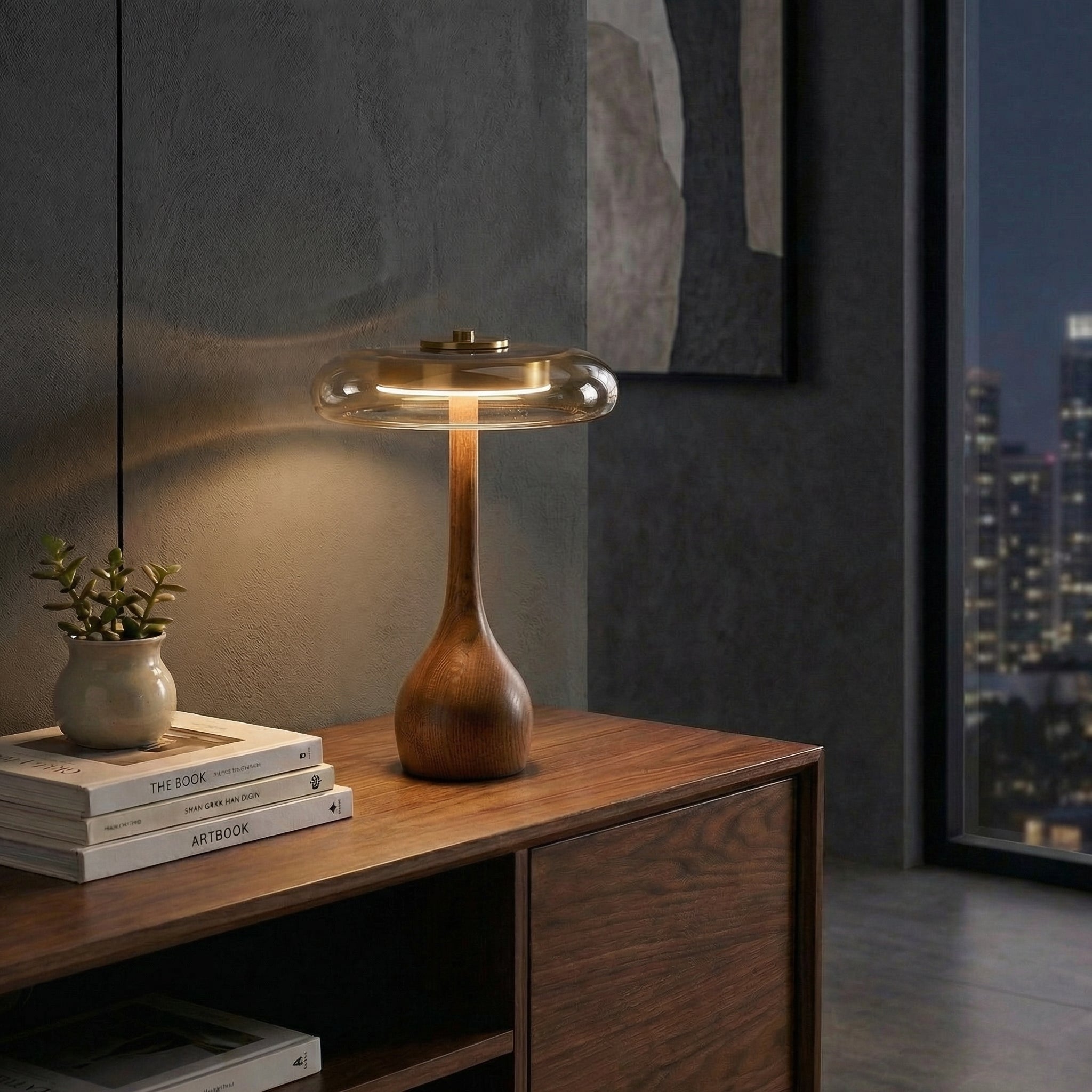 Wooden Table Light with Amber Glass Shade - Wildoxy
