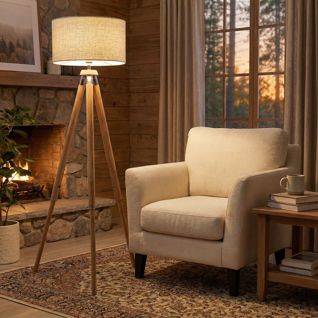 Nordic Wooden Tripod Floor Lamp with Fabric Shade - Wildoxy