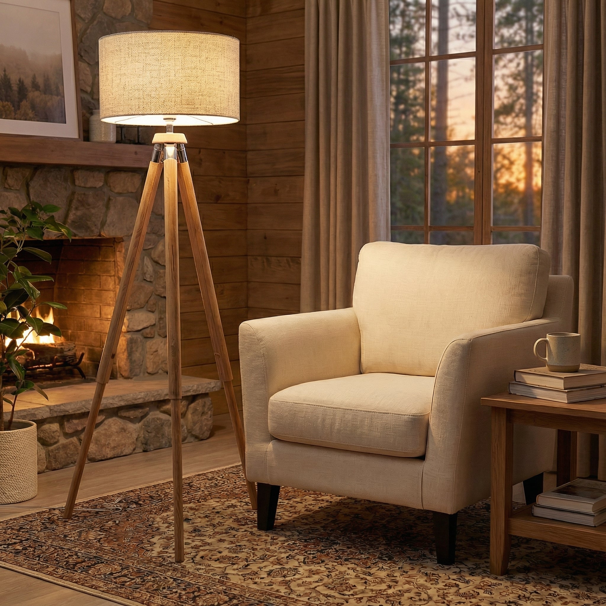 Nordic Wooden Tripod Floor Lamp with Fabric Shade - Wildoxy