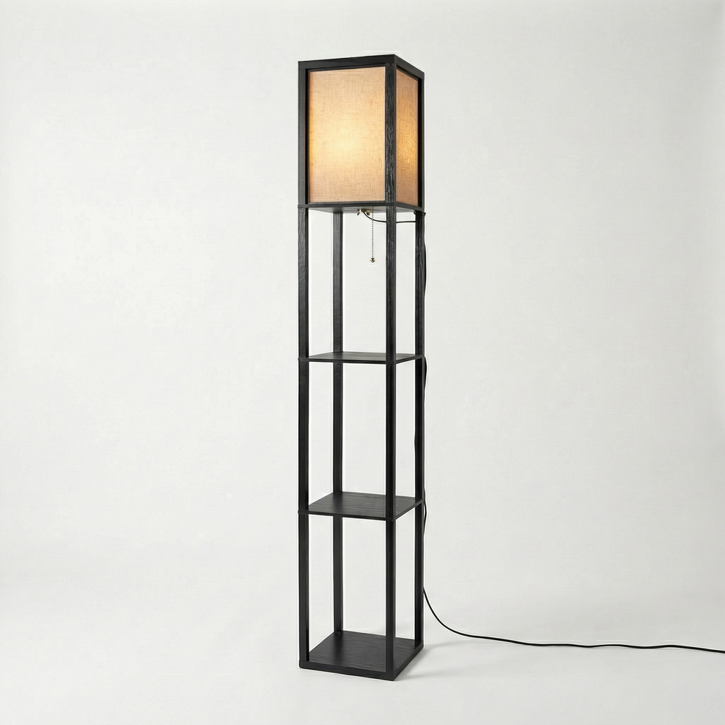 Floor Lamp with Fabric Shade and Integrated Storage Shelves - Wildoxy