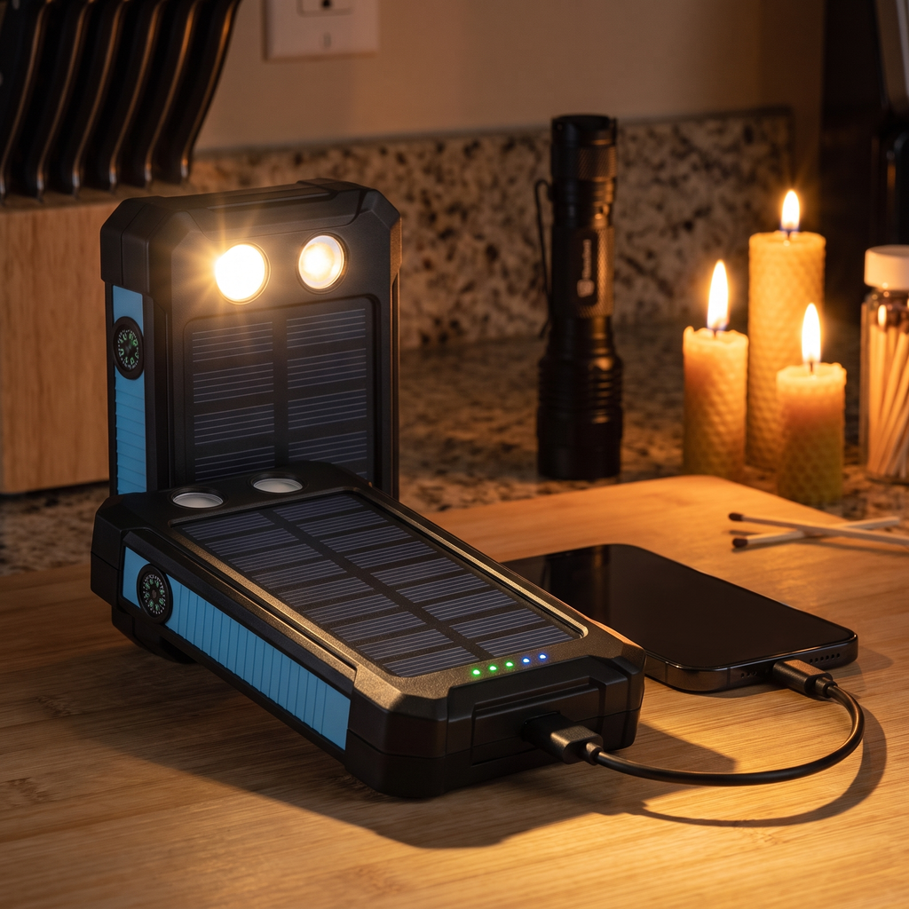 Αδιάβροχο ηλιακό power bank 500000mAh, διπλή USB, φακός LED