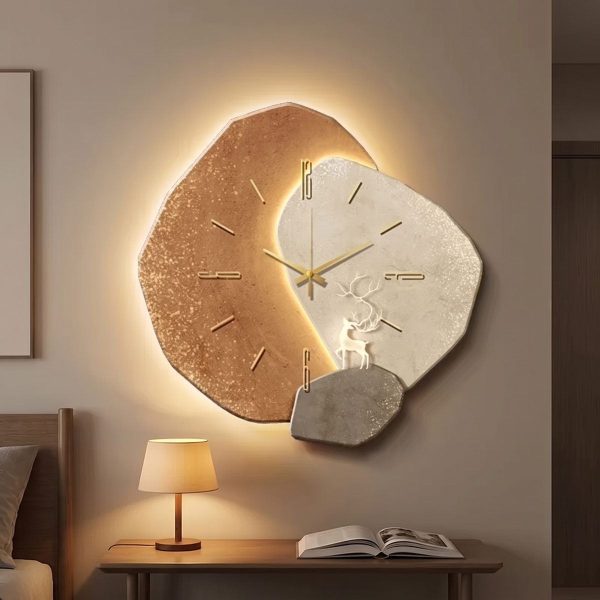 Ljudlös träväggklocka — LED-belysning, kvartsverk