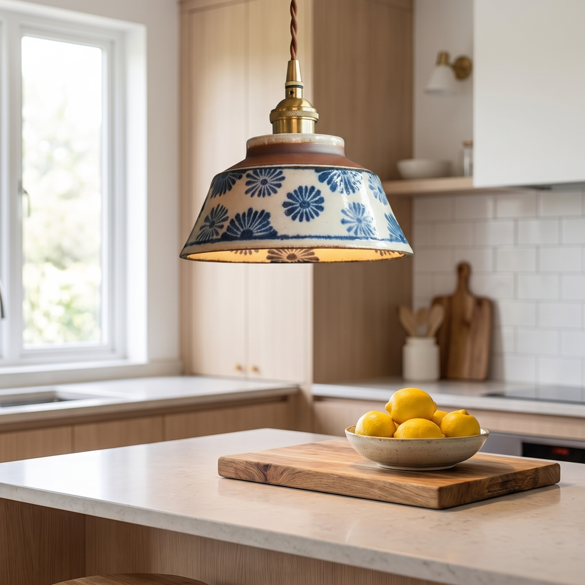 Ceramiczna lampa wisząca — miedziana oprawa, motyw kwiatowy, E27, 4 wzory