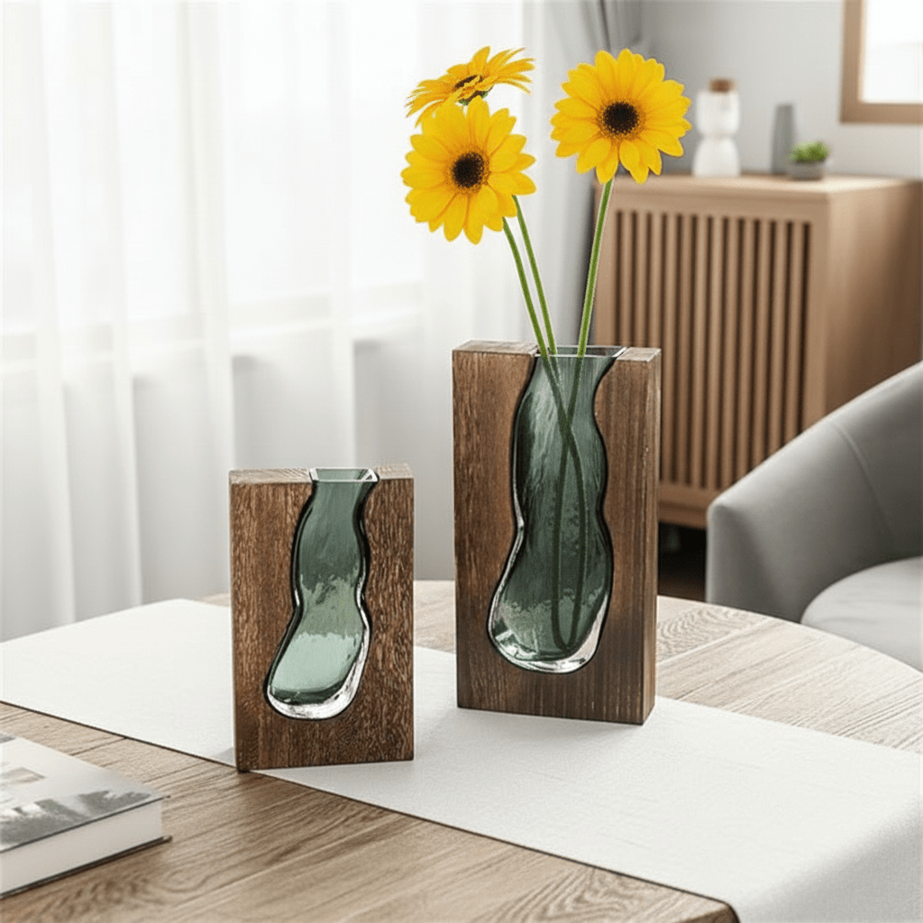 Houten bloemenvaas met glazen inzet voor verse bloemen