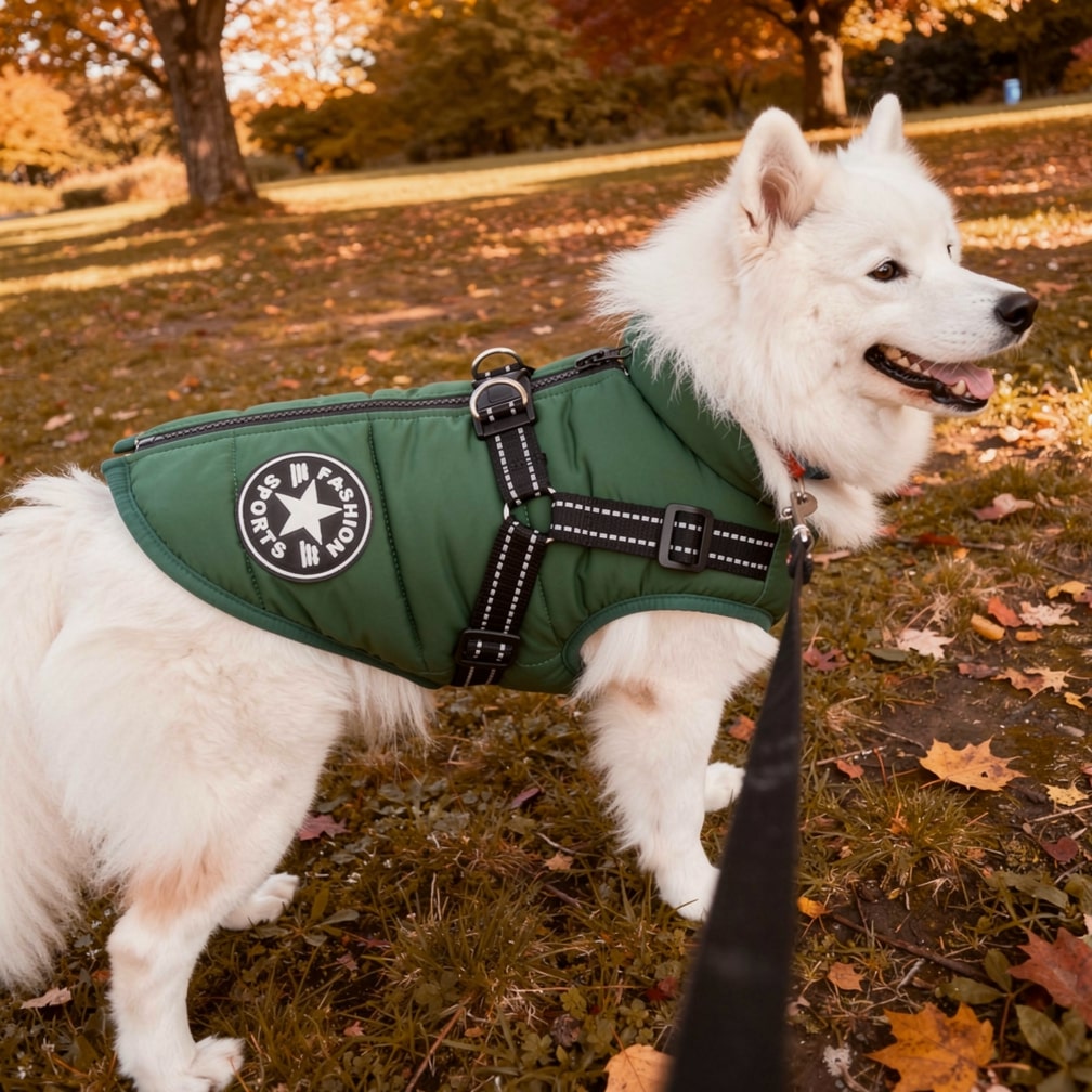 Abrigo de invierno para perros — impermeable, reflectante, con arnés integrado