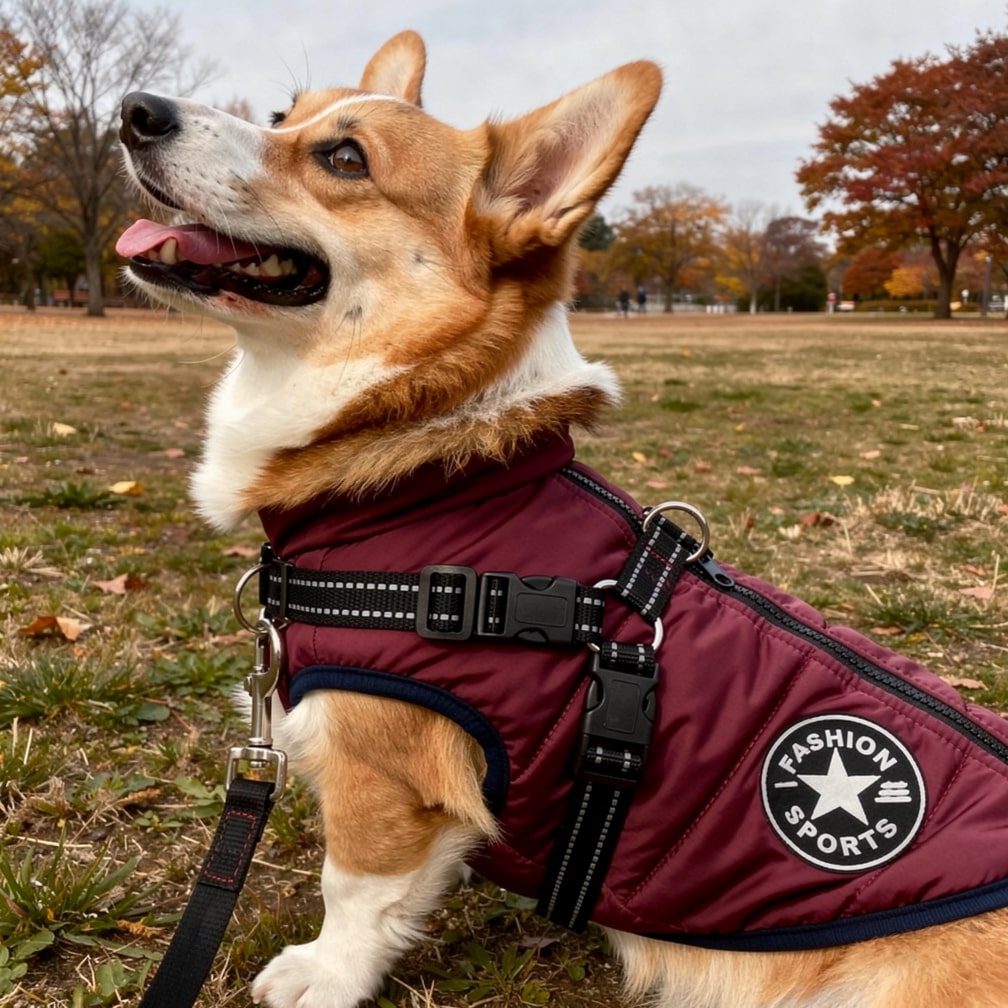 Abrigo de invierno para perros — impermeable, reflectante, con arnés integrado