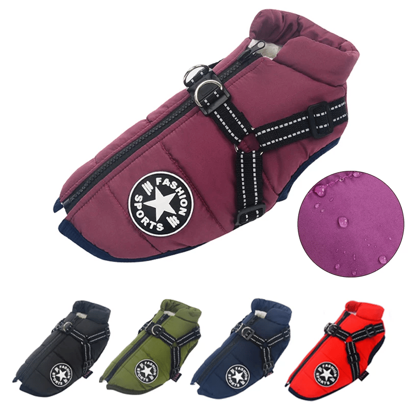Abrigo de invierno para perros — impermeable, reflectante, con arnés integrado