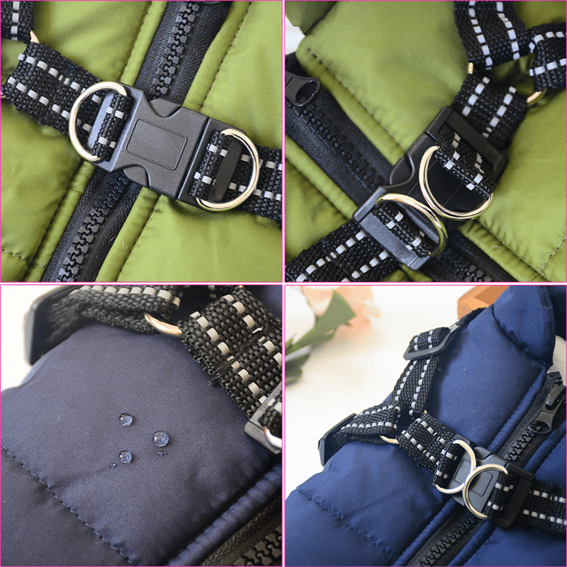 Abrigo de invierno para perros — impermeable, reflectante, con arnés integrado