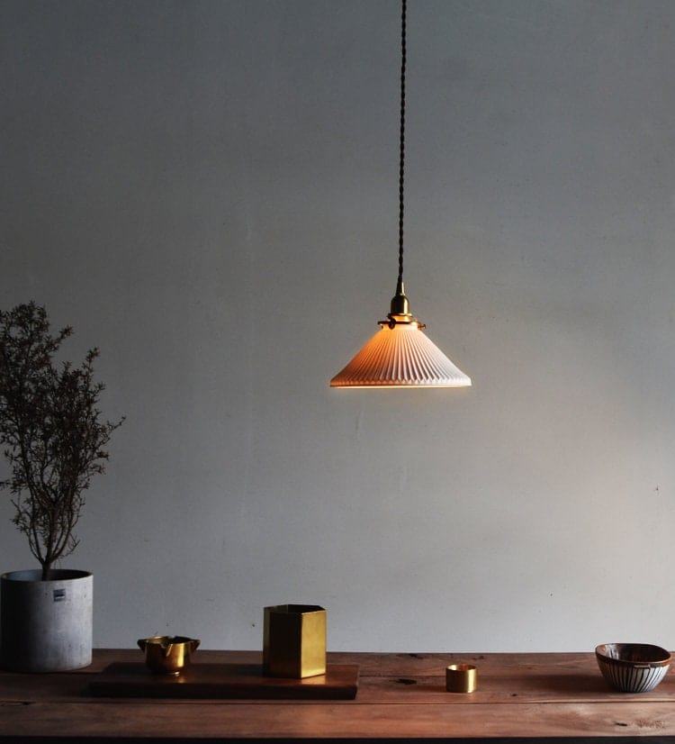 Japanese Ribbed Ceramic LED Pendant Light — Short Cylinder Design