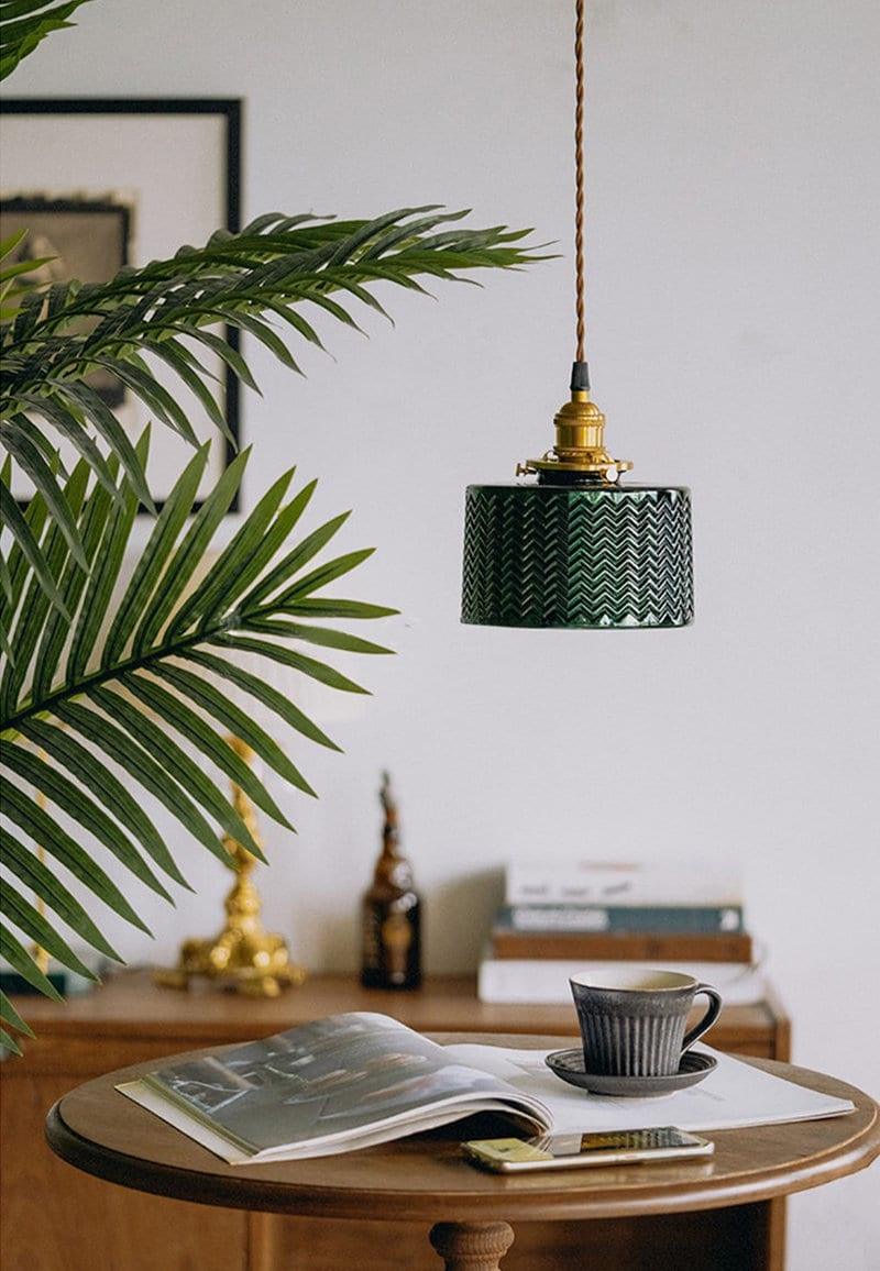 Lumora Cylinder Pendant Lamp — Green Glass Shade, LED Bulb Included