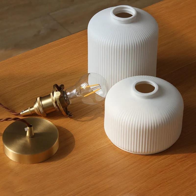 Japanese Ribbed Ceramic LED Pendant Light — Short Cylinder Design