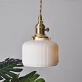 Japanese Ribbed Ceramic LED Pendant Light — Short Cylinder Design