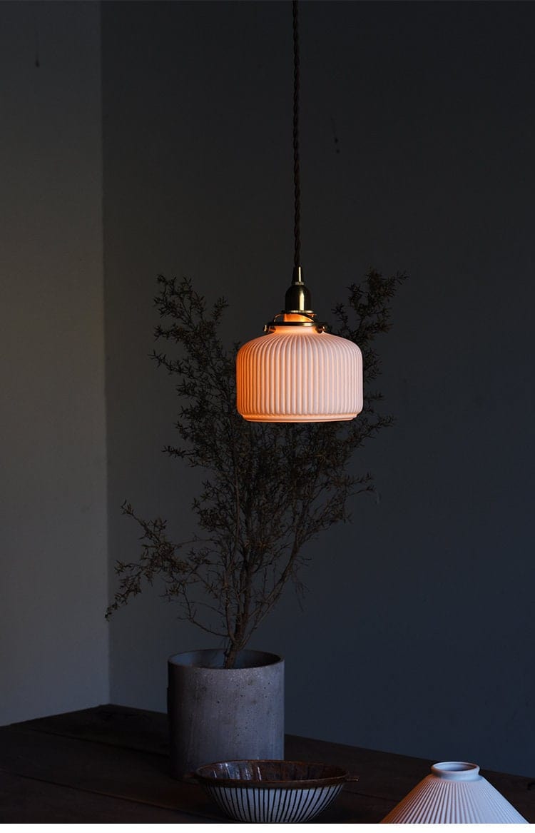 Japanese Ribbed Ceramic LED Pendant Light — Short Cylinder Design