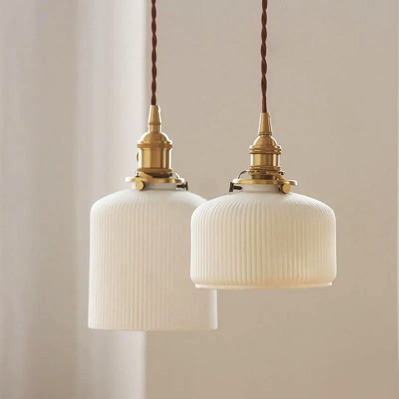 Japanese Ribbed Ceramic LED Pendant Light — Short Cylinder Design