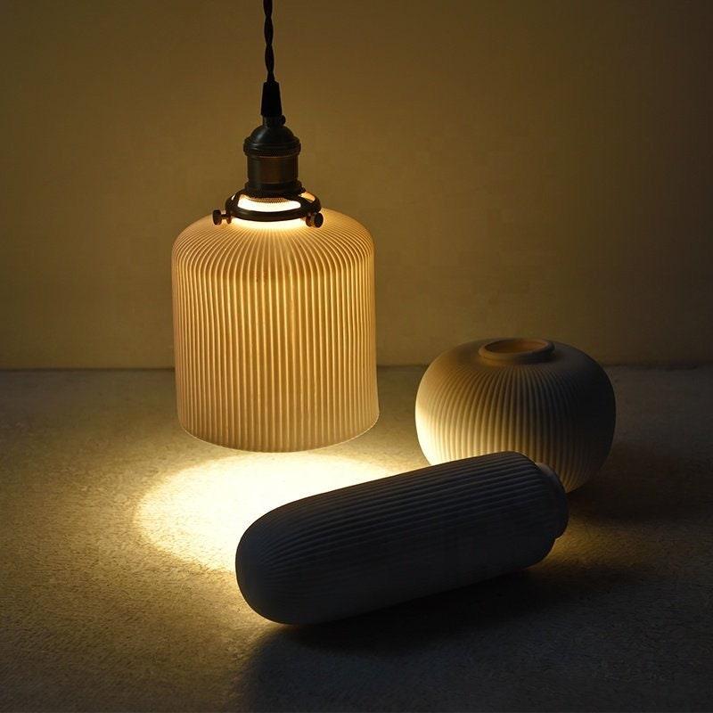 Kizumi Cylinder Ceramic Pendant Light — Ribbed Finish, Bulb Included