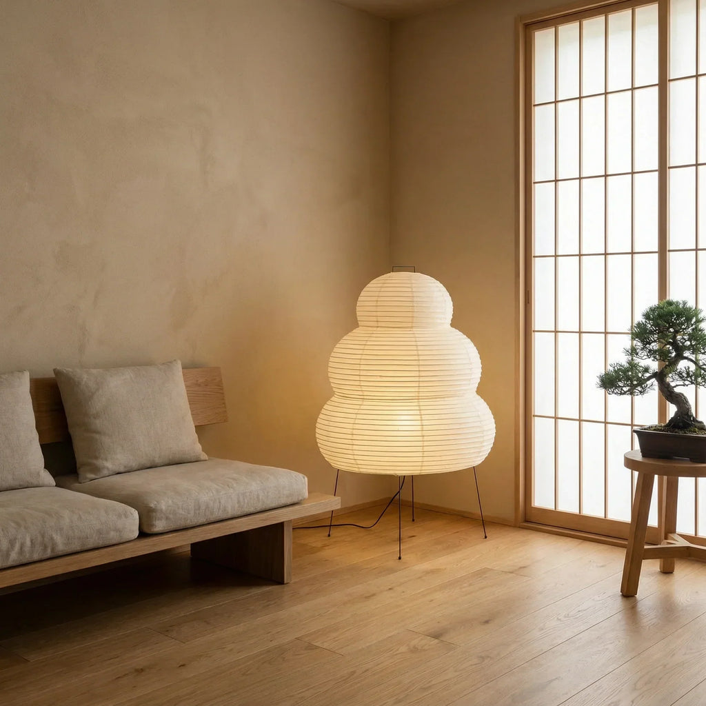 Layered Rice Paper Shade Floor Lamp — Flat Base, Soft Diffused Lighting