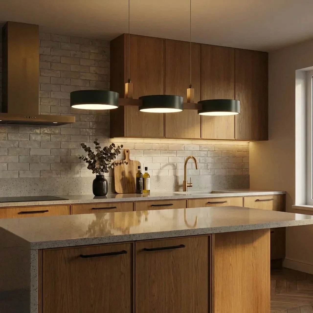 Linear Solid Wood Beam Pendant — Staggered Metal Drum Shade Cluster