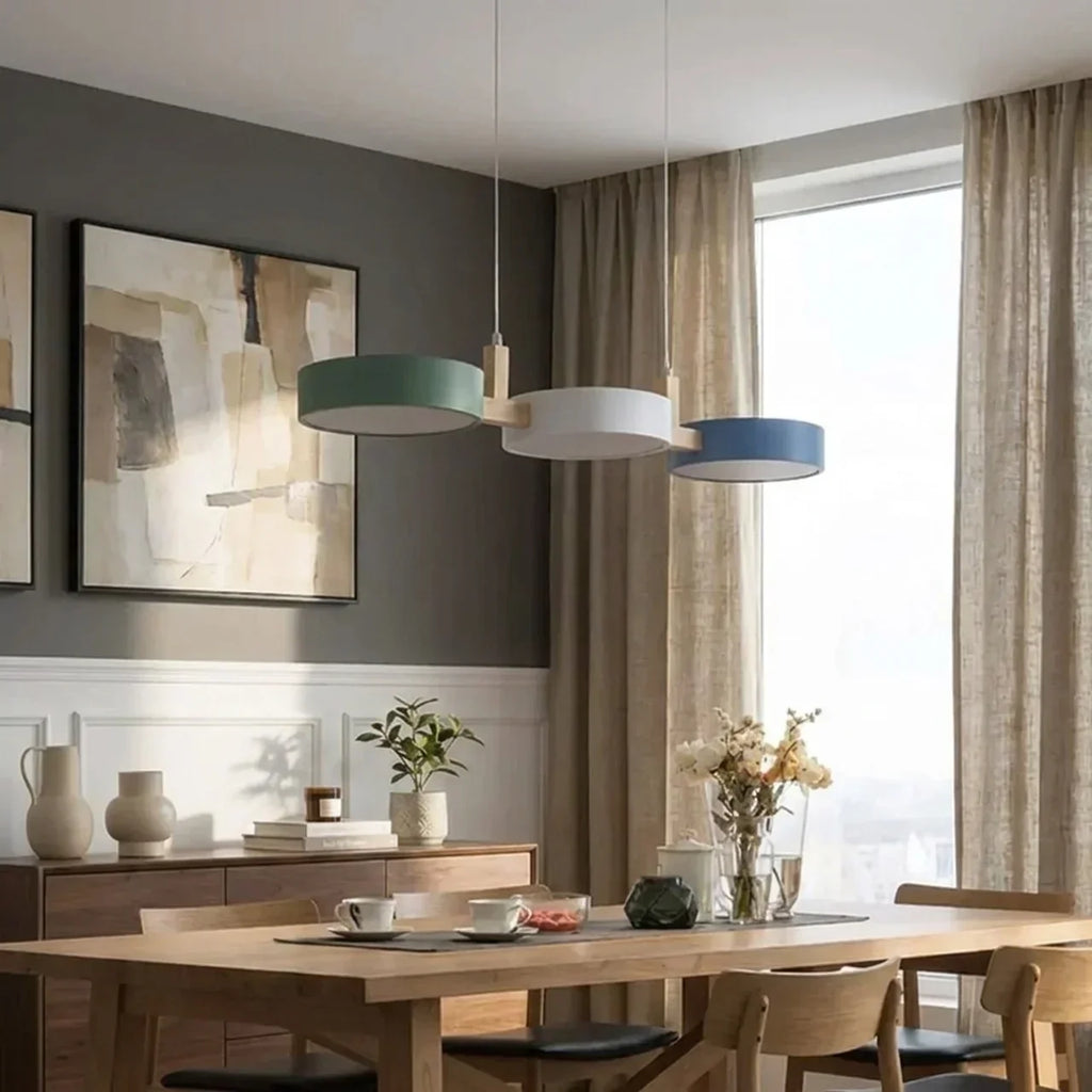 Linear Solid Wood Beam Pendant — Staggered Metal Drum Shade Cluster