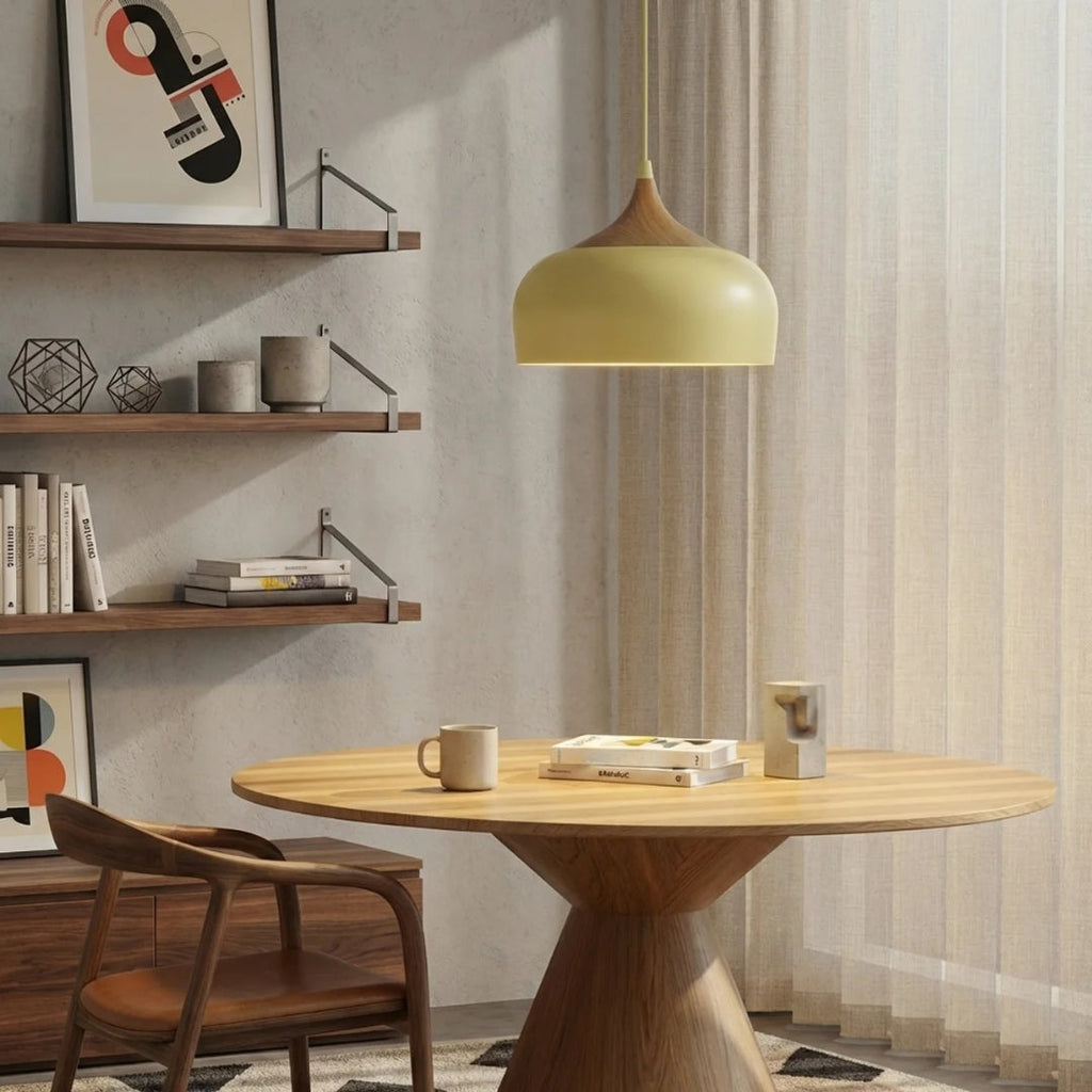 Geometric Ceiling Pendant — Formed Metal Shade, Wooden Accent Detail