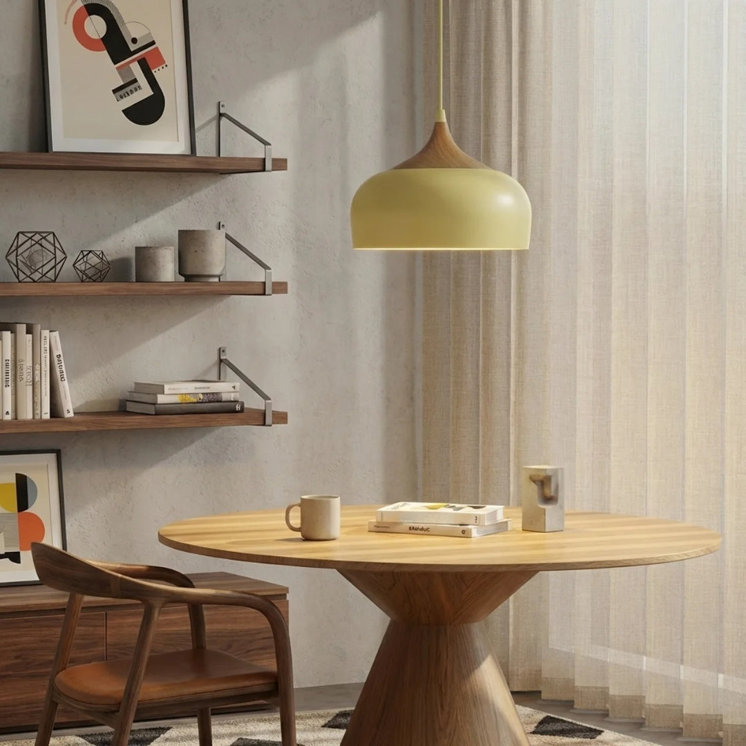 Geometric Ceiling Pendant — Formed Metal Shade, Wooden Accent Detail