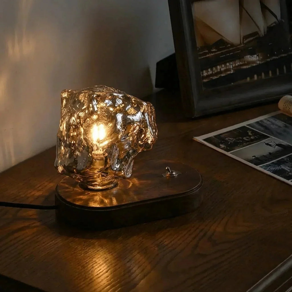 Freestanding Table Lamp — Organic Glass Shade, Solid Wooden Base