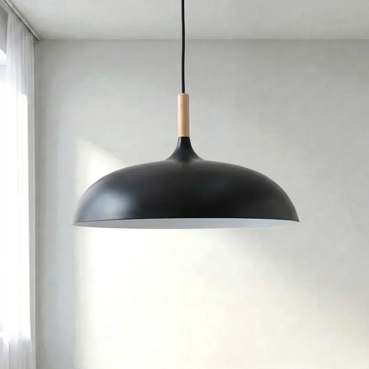 Geometric Ceiling Pendant — Formed Metal Shade, Wooden Accent Detail