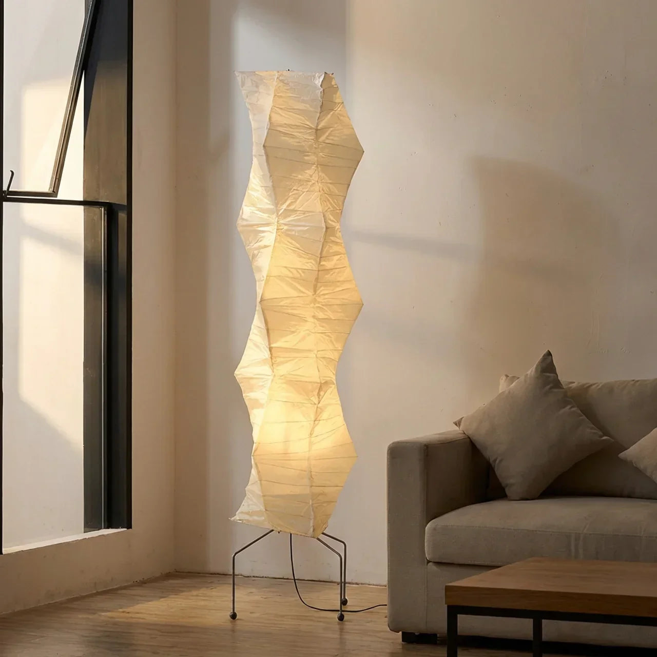 Sculptural Vertical Floor Lamp — Layered Rice Paper Shade