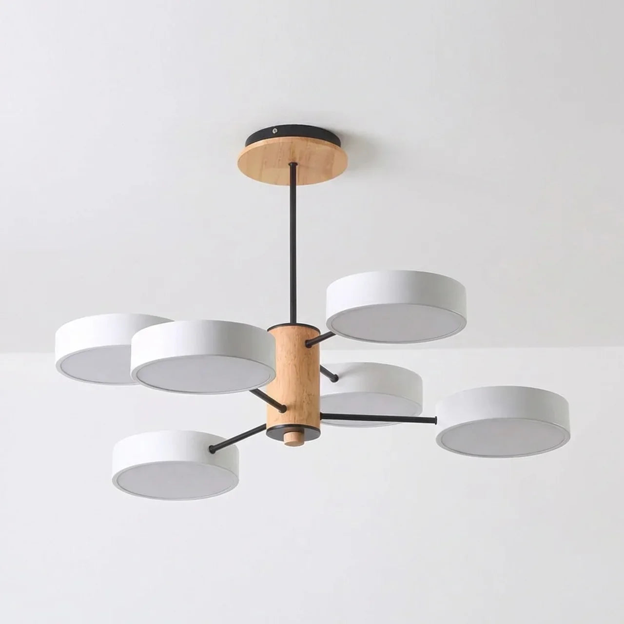 Multi-Arm LED Ceiling Lamp — Metal Frame and Wood Centerpiece