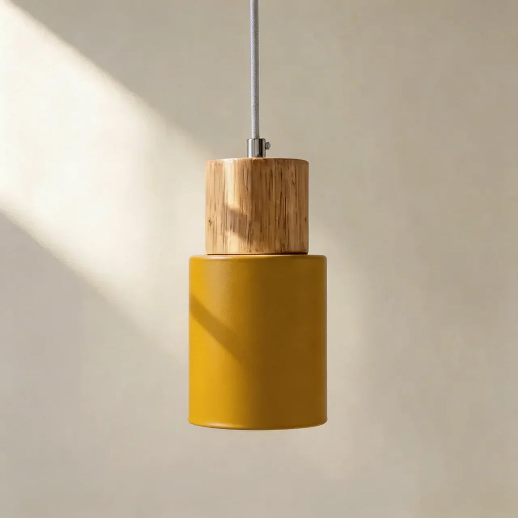 Aluminium Cylinder Pendant Lamp — Wood Detail Fixture, Adjustable Cord