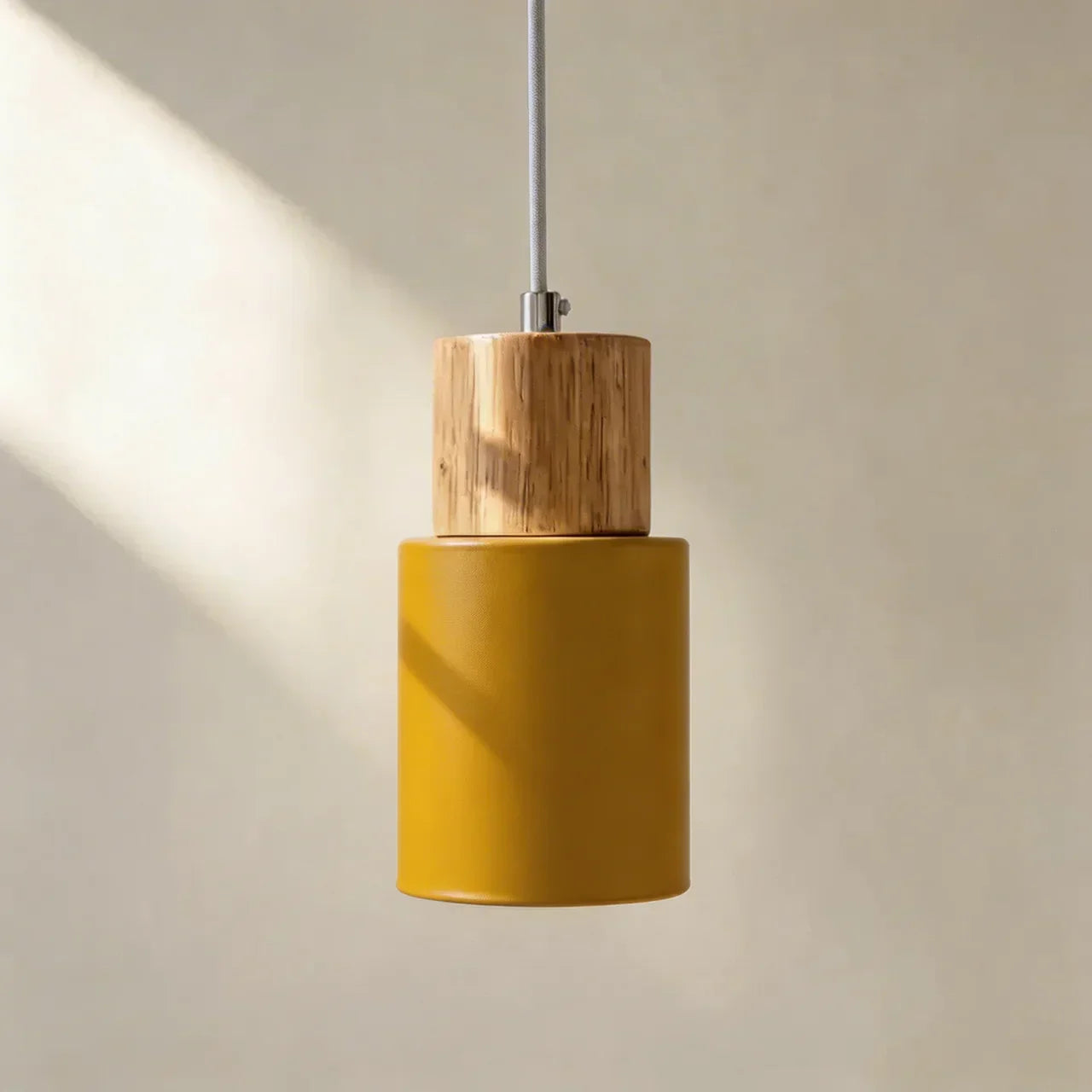 Aluminium Cylinder Pendant Lamp — Wood Detail Fixture, Adjustable Cord