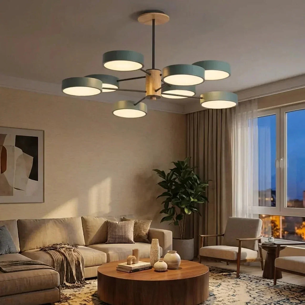 Multi-Arm LED Ceiling Lamp — Metal Frame and Wood Centerpiece