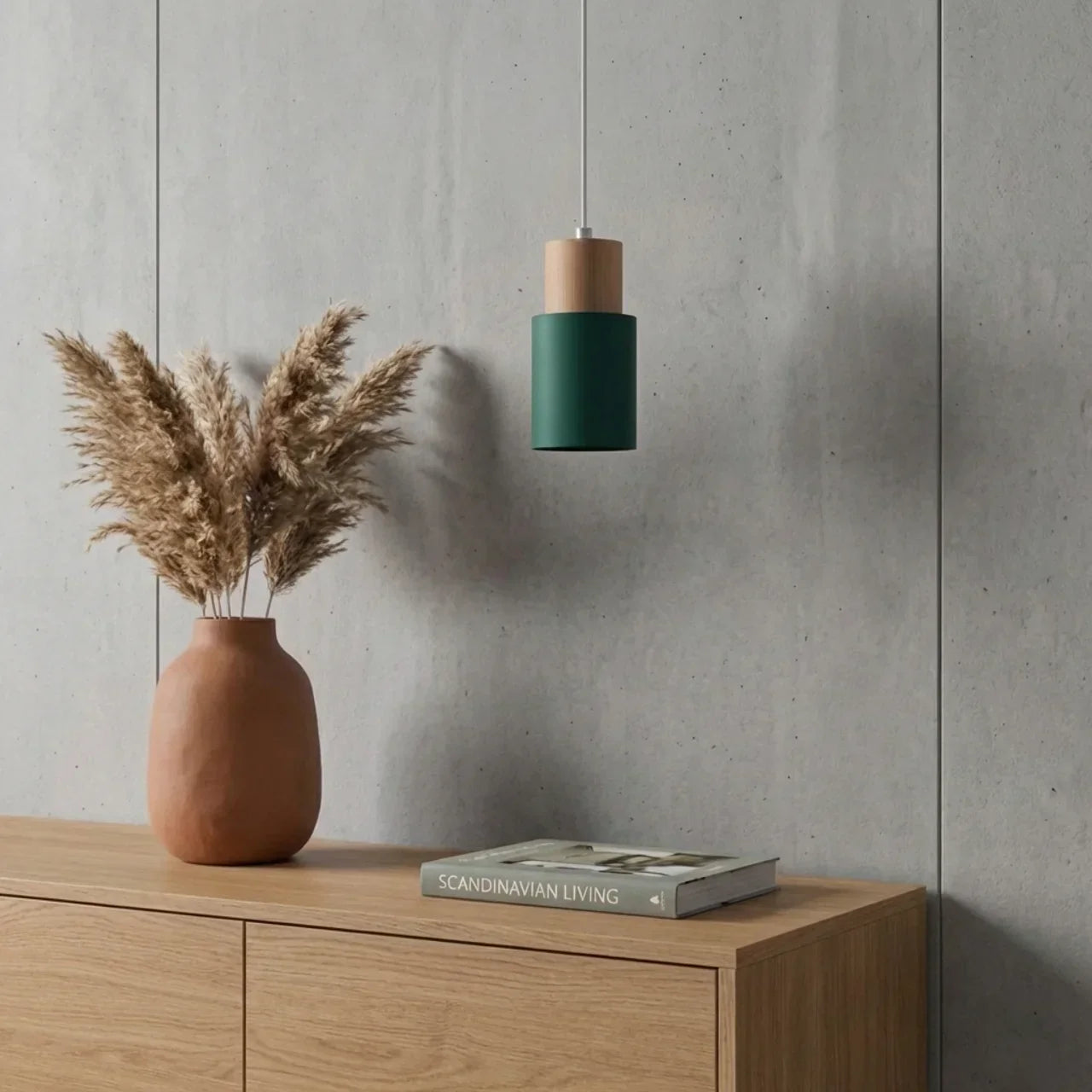 Aluminium Cylinder Pendant Lamp — Wood Detail Fixture, Adjustable Cord