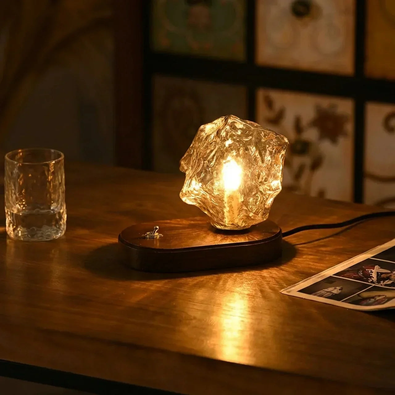 Freestanding Table Lamp — Organic Glass Shade, Solid Wooden Base