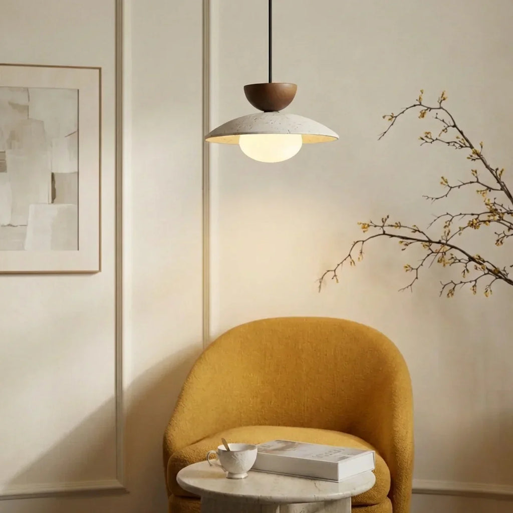 Travertine Shade, Glass Diffuser, Wood Accent Pendant Light