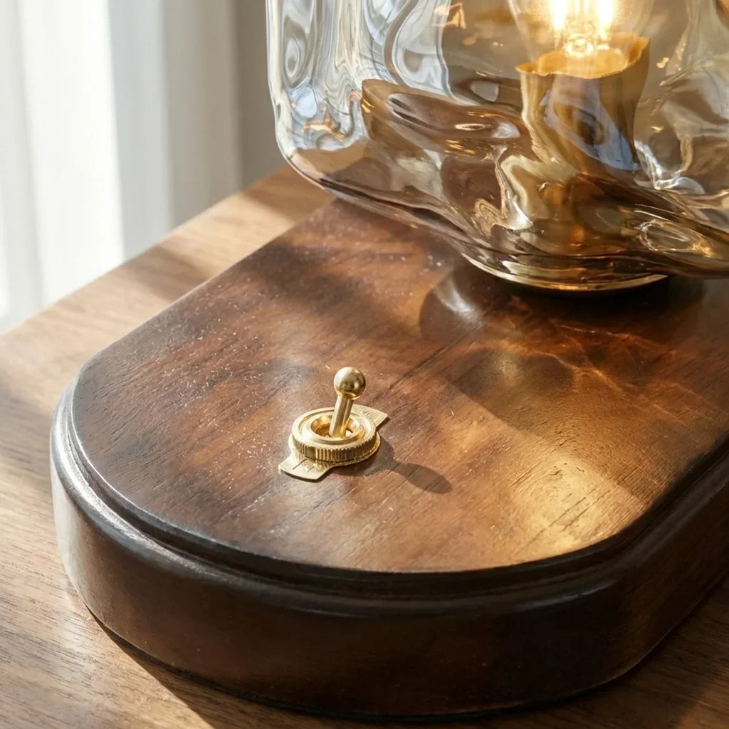 Freestanding Table Lamp — Organic Glass Shade, Solid Wooden Base