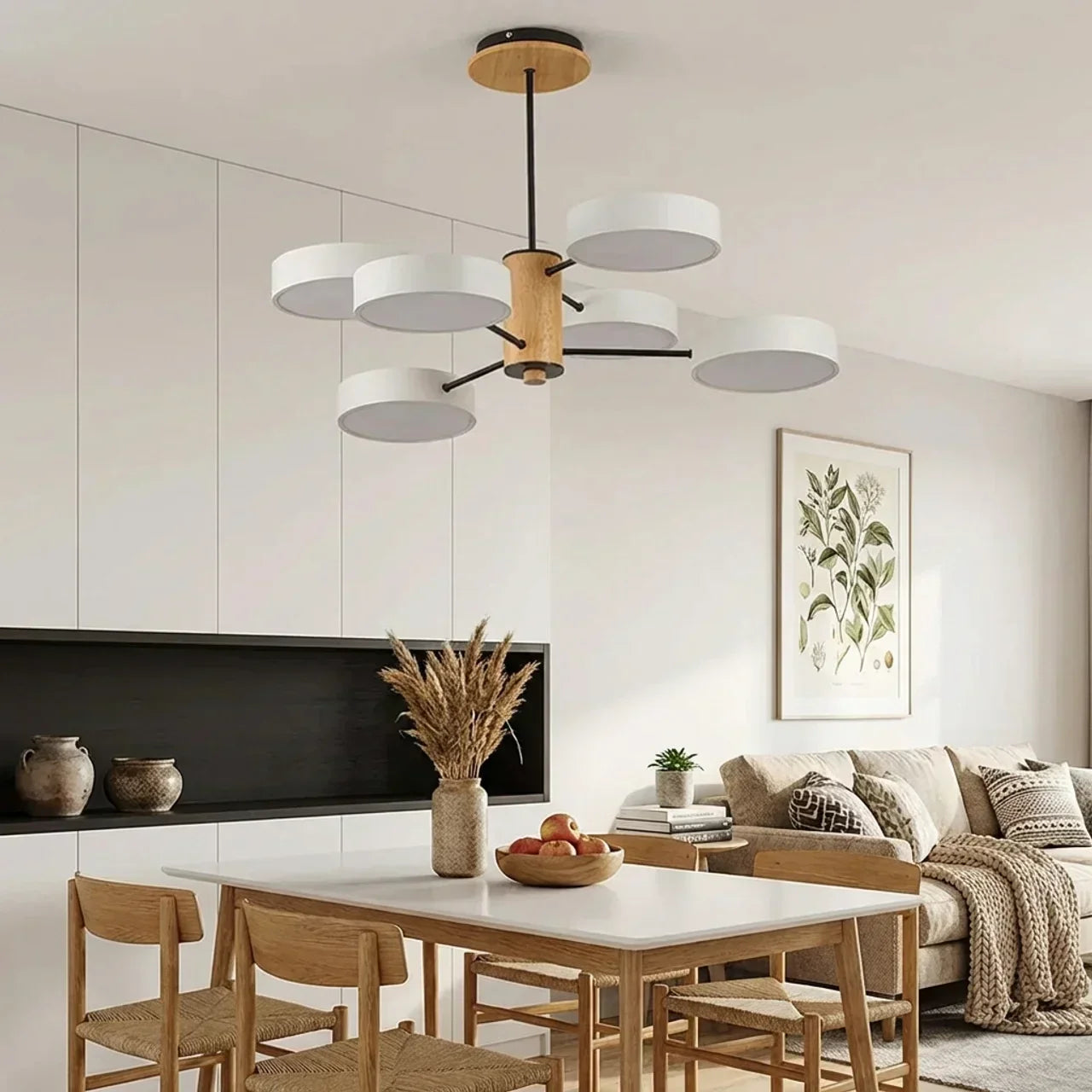 Multi-Arm LED Ceiling Lamp — Metal Frame and Wood Centerpiece