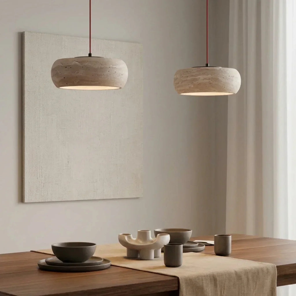 Integrated LED Travertine Pendant — Donut Shaped Ceiling Light