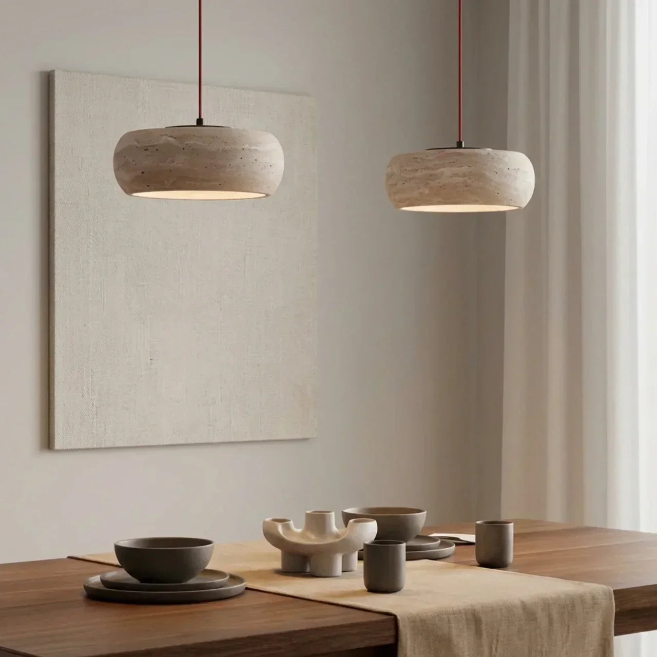 Integrated LED Travertine Pendant — Donut Shaped Ceiling Light