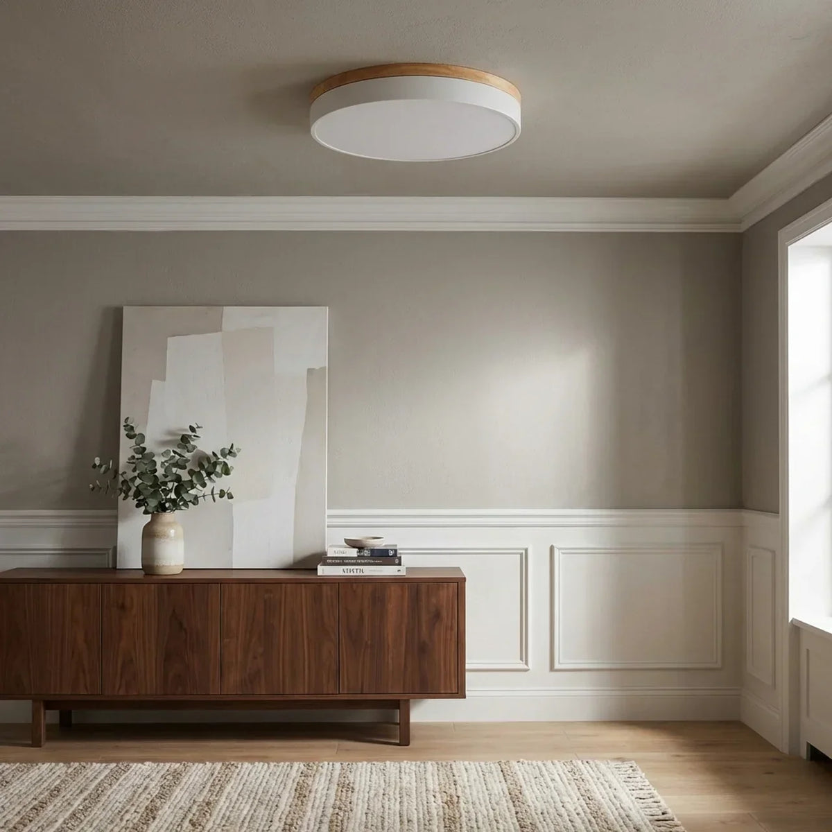 Lámpara LED de techo extrafina de montaje al ras - acabado con moldura de madera