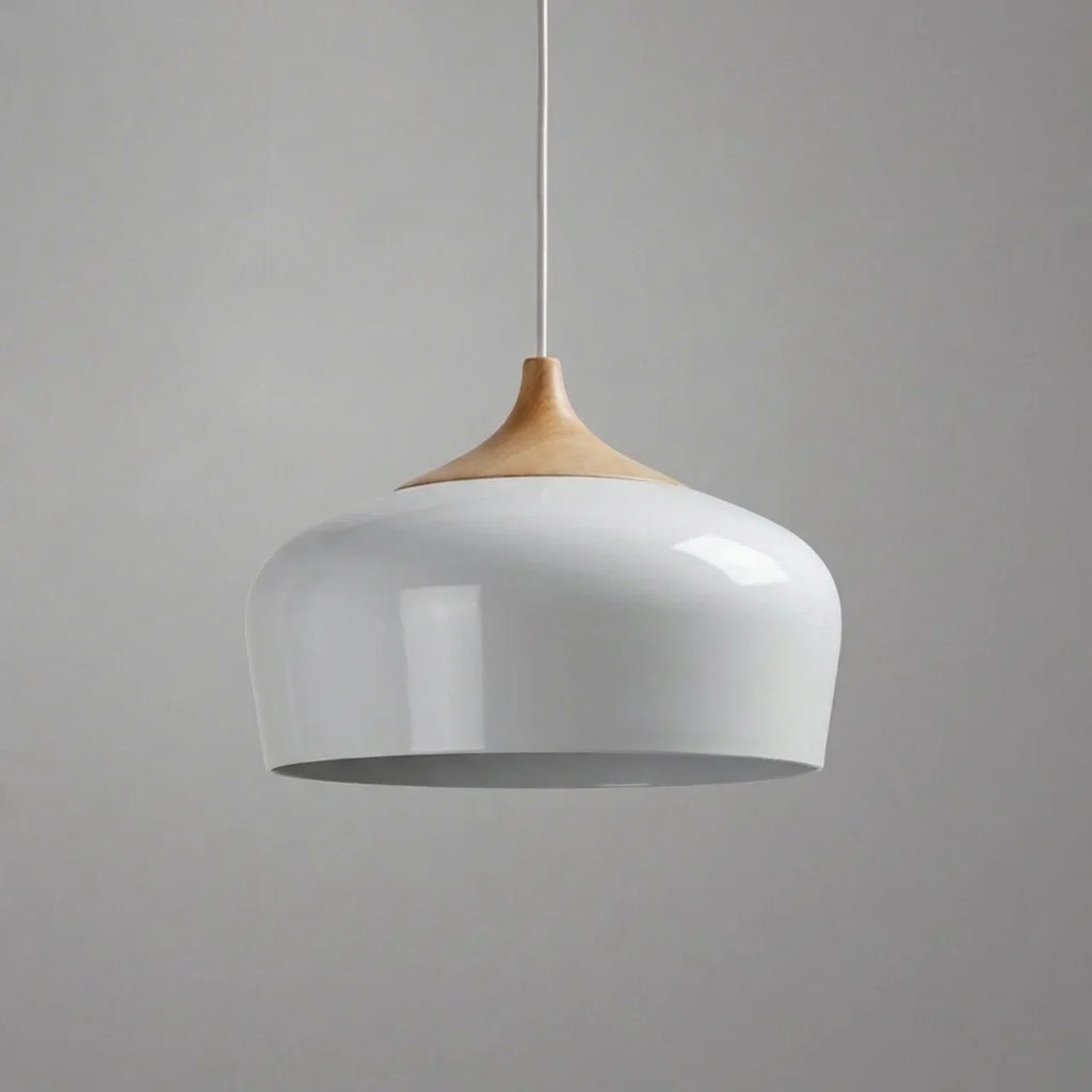 Geometric Ceiling Pendant — Formed Metal Shade, Wooden Accent Detail