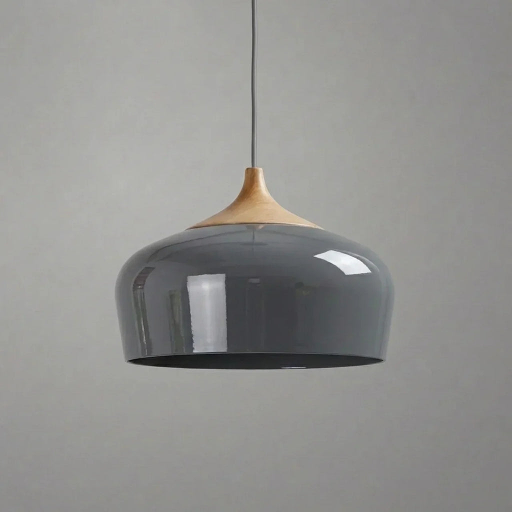 Geometric Ceiling Pendant — Formed Metal Shade, Wooden Accent Detail