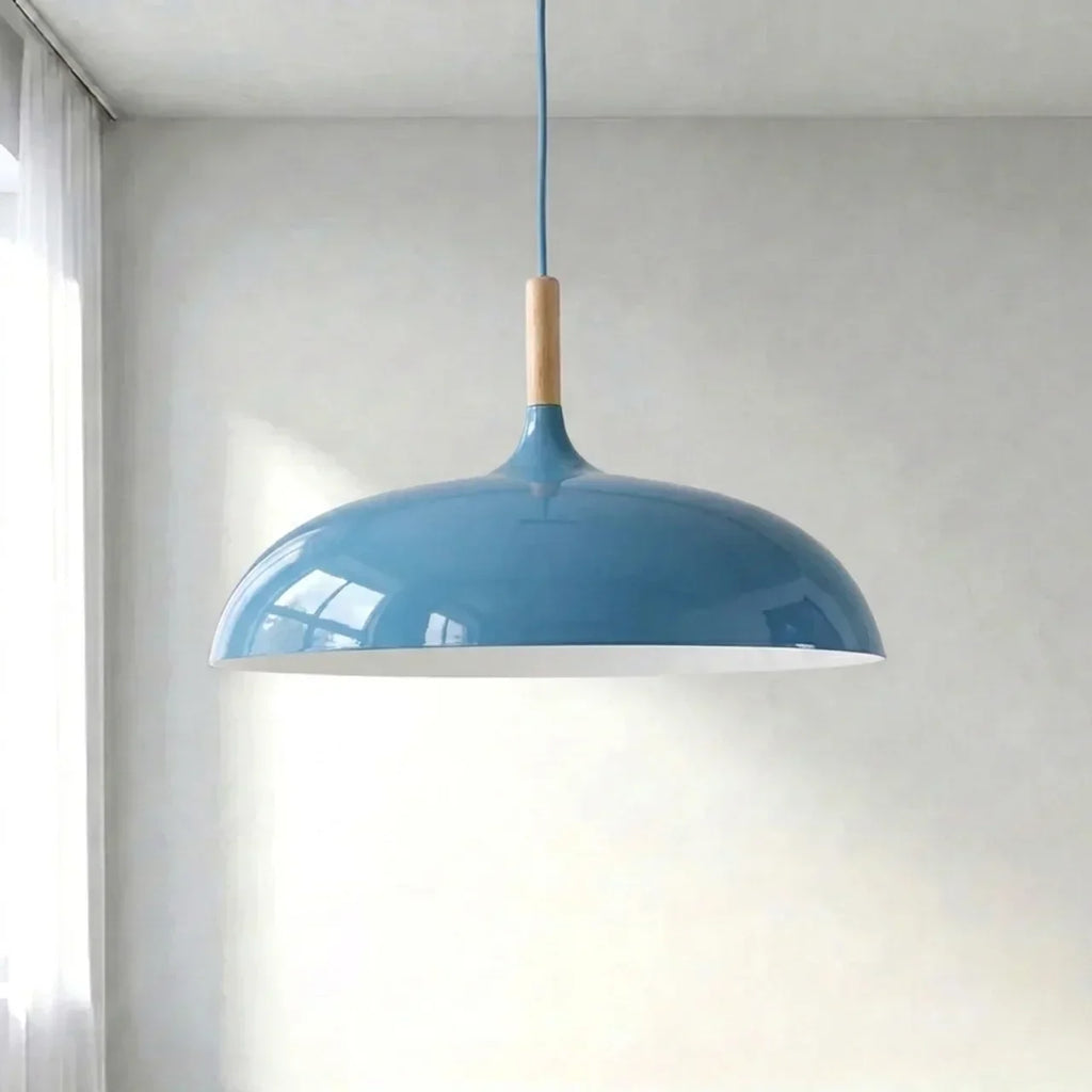 Geometric Ceiling Pendant — Formed Metal Shade, Wooden Accent Detail