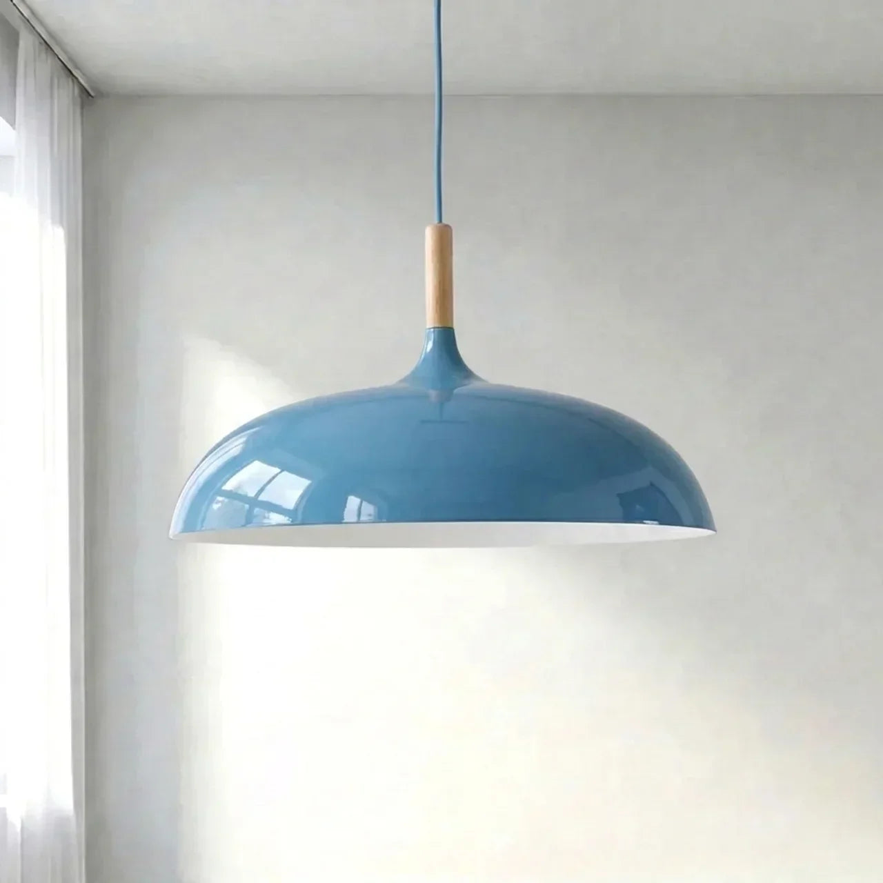 Geometric Ceiling Pendant — Formed Metal Shade, Wooden Accent Detail