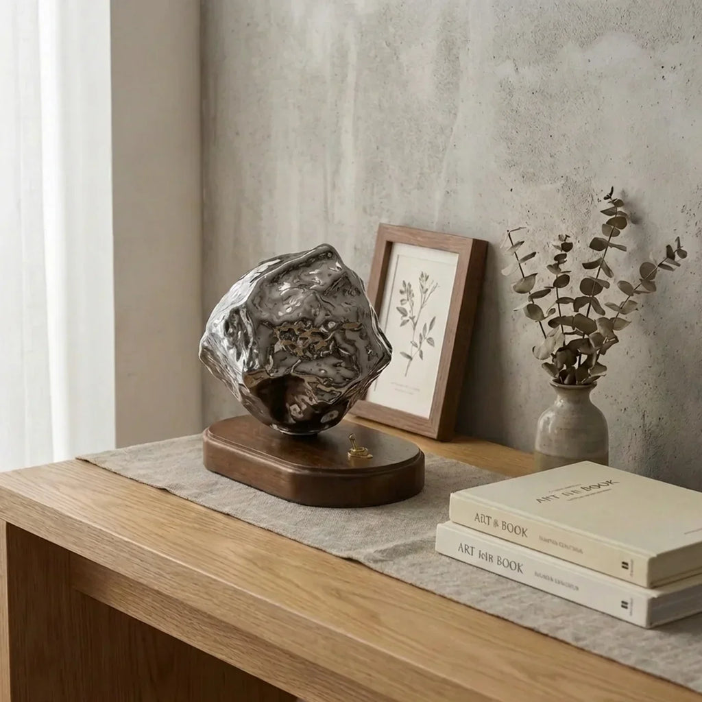 Freestanding Table Lamp — Organic Glass Shade, Solid Wooden Base