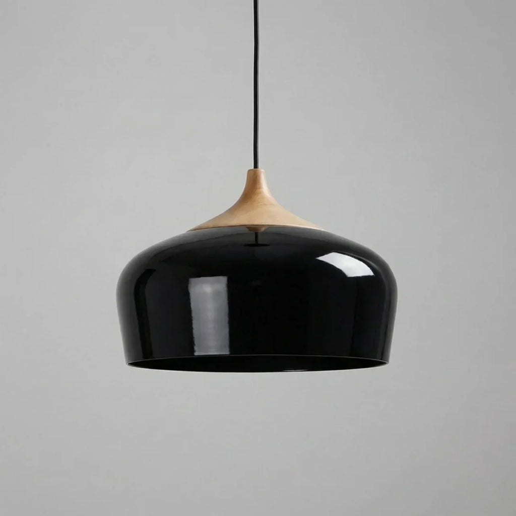 Geometric Ceiling Pendant — Formed Metal Shade, Wooden Accent Detail