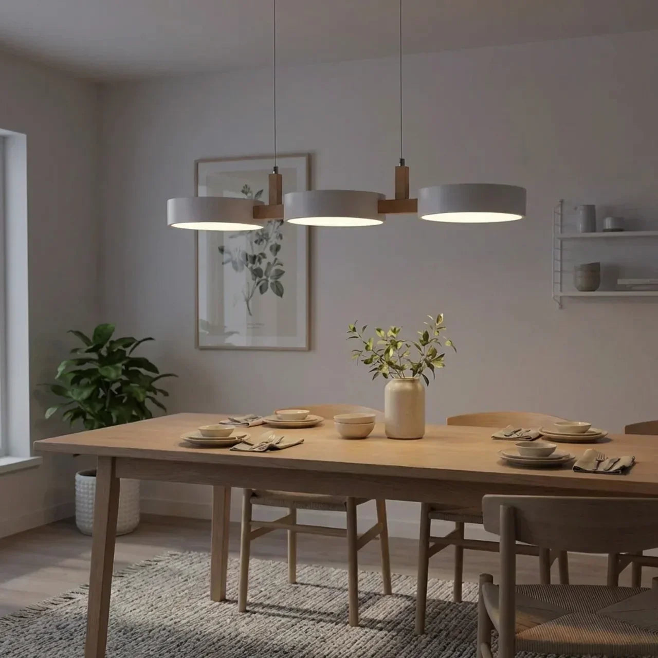 Linear Solid Wood Beam Pendant — Staggered Metal Drum Shade Cluster